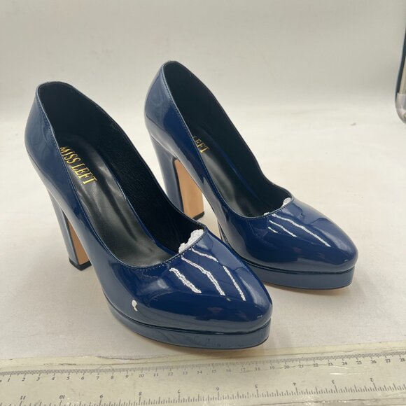 miss left Navy Platform Almond Toe Pumps Classic Slip On Chunky High Heels Shoes - Picture 4 of 8